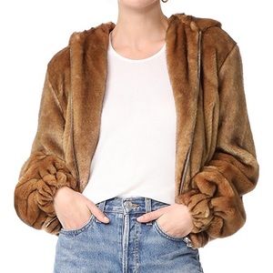 Helmut Lang Hooded Faux Fur Jacket in Honey